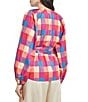 Color:Radiant Pink/Adriatic Blue/Parchment - Image 2 - Woven Plaid Print Round Neck Long Sleeve Belted Blouse