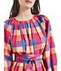 Color:Radiant Pink/Adriatic Blue/Parchment - Image 4 - Woven Plaid Print Round Neck Long Sleeve Belted Blouse