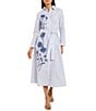 Color:Mazarine/White - Image 1 - Woven Stripe Print Point Collar Long Sleeve Floral Embroidered Belted Midi Shirt Dress