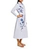 Color:Mazarine/White - Image 3 - Woven Stripe Print Point Collar Long Sleeve Floral Embroidered Belted Midi Shirt Dress
