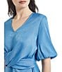 Color:Adriatic Blue - Image 4 - Woven V-Neck Short Puff Sleeve Twist Front Top
