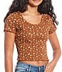 Color:Carmel Cafe - Image 1 - Printed Short Sleeve Button Front Lettuce Edge Henley Top