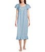 Color:Blue/White Branches - Image 1 - Branches Printed Short Sleeve Round Neck Cotton Woven Long Nightgown