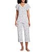 Color:Pink/Lavender Flowers - Image 1 - Floral Print Knit Short Sleeve V-Neck Capri Pajama Set