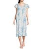 Color:Blue Garden - Image 1 - Garden Print Short Sleeve Round Neck Cotton Woven Long Nightgown