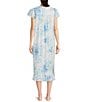 Color:Blue Garden - Image 2 - Garden Print Short Sleeve Round Neck Cotton Woven Long Nightgown