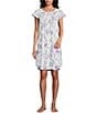 Color:Lavender Flowers - Image 1 - Petite Size Cottonessa Knit Floral Print Smocked Round Neck Short Sleeve Long Nightgown