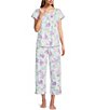 Color:Lavender Flowers - Image 1 - Petite Size Cottonessa Knit Floral Short Sleeve Top & Capri Pajama Set
