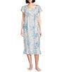 Color:Blue Garden - Image 1 - Petite Size Garden Print Short Sleeve Round Neck Cotton Woven Long Nightgown