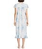 Color:Blue Garden - Image 2 - Petite Size Garden Print Short Sleeve Round Neck Cotton Woven Long Nightgown