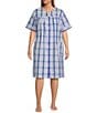 Color:Navy/Pink Plaid - Image 1 - Plus Size Embroidered Seersucker Short Plaid Patch Pocket Snap-Front Robe
