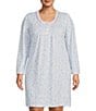 Color:Powder Blue Rosewood - Image 1 - Plus Size Rosewood Print Brushed Honeycomb Knit Long Sleeve Short Nightgown