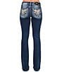 Miss Me Flame/Cross Embroidered Pocketed Mid Rise Bootcut Jeans, Color:Dark Blue - Image 1