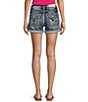 Color:Dark Blue - Image 2 - Mid Rise Embroidered Back Flap Pocket Roll Cuff Shorts