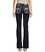 Color:Dark Blue - Image 1 - Mid Rise Embroidered Cross With Wing Back Pocket Bootcut Jeans