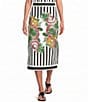 Mo Maya Black Strip Dragon Print High Rise Pencil Midi Skirt - Image 1