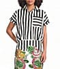 Mo Maya Black Stripe Dragon Print Camp Collar Short Sleeve Button Front Top - Image 1