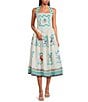 Mo Maya Namaste Sunshine Hand Printed Pattern Linen Blend Square Neck Sleeveless A-Line Midi Dress, Color:White - Image 1