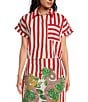 Mo Maya Red Stripe Dragon Print Camp Collar Short Sleeve Button Front Coverup Top, Color:Red - Image 1