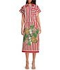 Mo Maya Red Stripe Dragon Print Camp Collar Short Sleeve Button Front Coverup Top, Color:Red - Image 3