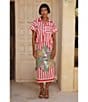 Mo Maya Red Stripe Dragon Print Camp Collar Short Sleeve Button Front Coverup Top, Color:Red - Image 5