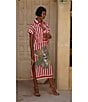 Mo Maya Red Stripe Dragon Print Camp Collar Short Sleeve Button Front Coverup Top, Color:Red - Image 6