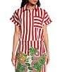 Mo Maya Red Stripe Dragon Print Camp Collar Short Sleeve Button Front Coordinating Coverup Top - Image 1