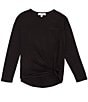 Color:Black - Image 1 - Big Girls 7-16 Long Sleeve Pocket T-Shirt With Knot Front