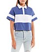 Color:Denim Blue/White - Image 1 - Cropped Colorblock Polo Rugby Shirt