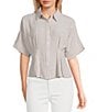Moa Moa Linen Striped Point Collar Short Sleeve Button Front Cinched Top - Image 1