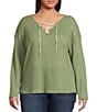 Moa Moa Plus Size Long Sleeve Cropped Lace Up Top, Color:Dusty Sage - Image 1