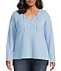 Moa Moa Plus Size Long Sleeve Cropped Lace Up Top, Color:Blue - Image 1