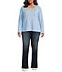 Moa Moa Plus Size Long Sleeve Cropped Lace Up Top, Color:Blue - Image 3