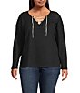 Moa Moa Plus Size Long Sleeve Cropped Lace Up Top, Color:Black - Image 1