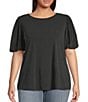 Moa Moa Plus Size Puffed-Sleeve Solid Top, Color:Black - Image 1