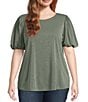 Moa Moa Plus Size Puffed-Sleeve Solid Top, Color:Olive - Image 1