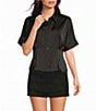Moa Moa Satin Collared Short Sleeve Cinch Waist Button Front Top - Image 1