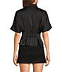 Moa Moa Satin Collared Short Sleeve Cinch Waist Button Front Top - Image 2
