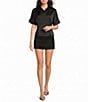 Moa Moa Satin Collared Short Sleeve Cinch Waist Button Front Top - Image 3