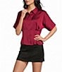 Moa Moa Satin Collared Short Sleeve Cinch Waist Button Front Top - Image 5