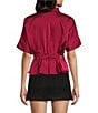 Moa Moa Satin Collared Short Sleeve Cinch Waist Button Front Top - Image 6