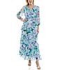 Moda Tara 3/4 Sleeve Floral Print Chiffon Faux Wrap Maxi Dress, Color:Powder Blue Lavender - Image 1