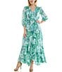 Moda Tara 3/4 Sleeve V-Neck Floral Print Chiffon Wrap Dress, Color:Aqua Seafoam - Image 1