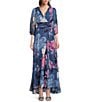 Moda Tara Chiffon 3/4 Sleeve Ruffle Floral Print V-Neck Wrap Dress, Color:Slate Multi - Image 1