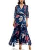 Moda Tara Chiffon 3/4 Sleeve Ruffle Floral Print V-Neck Wrap Dress, Color:Slate Multi - Image 4