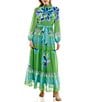 Moda Tara Chiffon Long Sleeve Mock Neck Floral Placement Print A-Line Maxi Dress, Color:Lime Multi - Image 1
