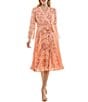 Moda Tara Long Sleeve Faux Wrap V-Neck Floral Chiffon Midi Dress, Color:Peach Multi - Image 1