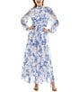 Moda Tara Long Sleeve Mock Neck Floral Printed Chiffon Maxi Dress, Color:Ivory/Blue - Image 1