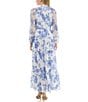 Moda Tara Long Sleeve Mock Neck Floral Printed Chiffon Maxi Dress, Color:Ivory/Blue - Image 2