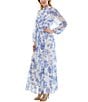 Moda Tara Long Sleeve Mock Neck Floral Printed Chiffon Maxi Dress, Color:Ivory/Blue - Image 3